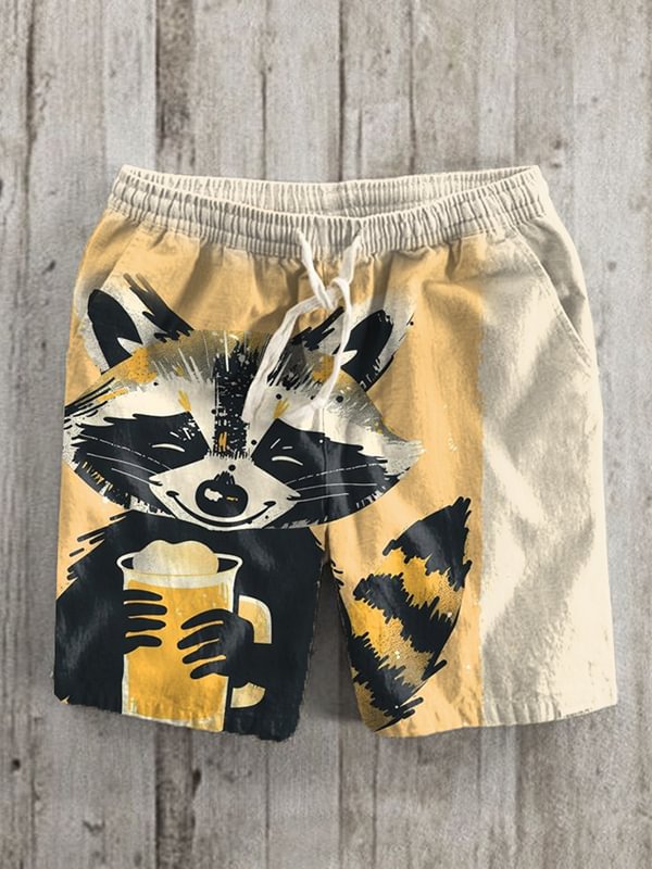 Men's Retro Raccoon Drinking Beer Art Print Casual Shorts