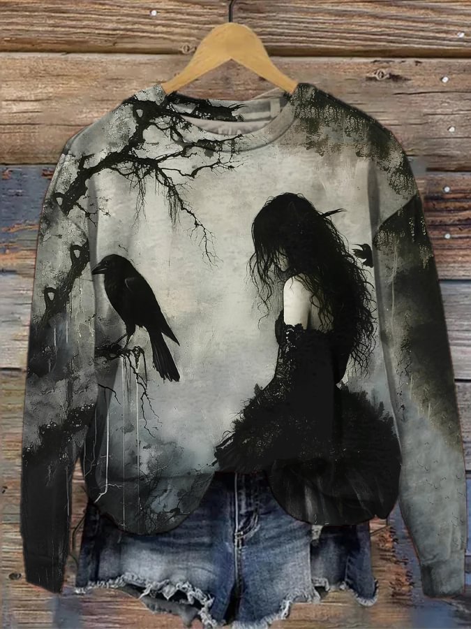 Women's Dark Art Gothic Girl Raven Print Casual Sweatshirt