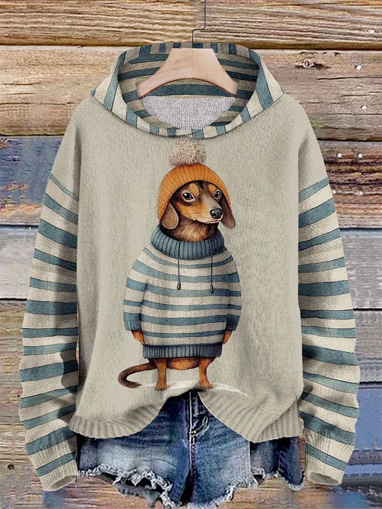 Women's Dachshund Dog In Clothes Print Stripe Splice Hoodie