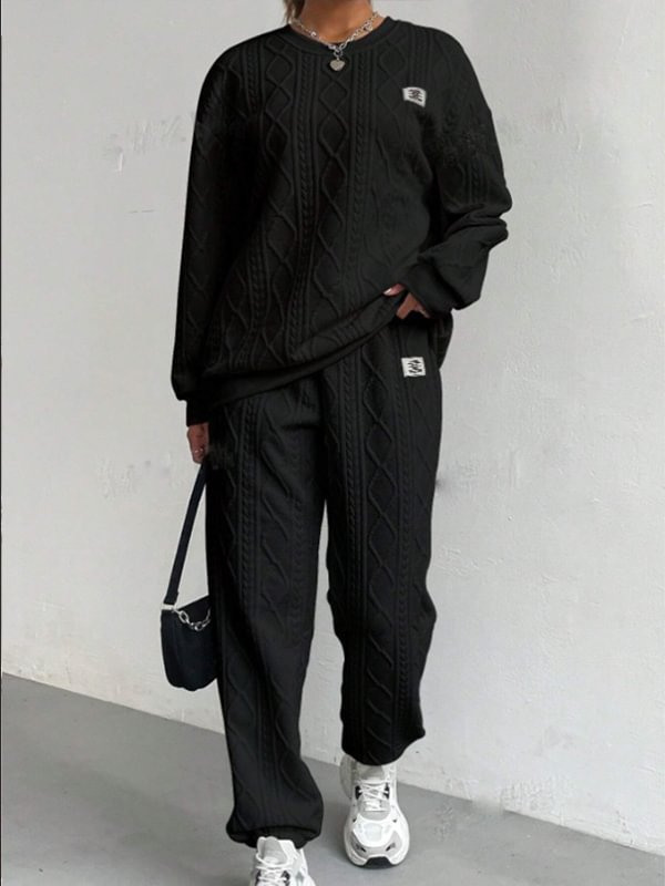 Women's Casual Solid Jacquard Textured Long Sleeve Sweatshirt Pants Matching Set