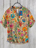 Men's Indian Folk Floral Print Half Button Linen Blend Shirt