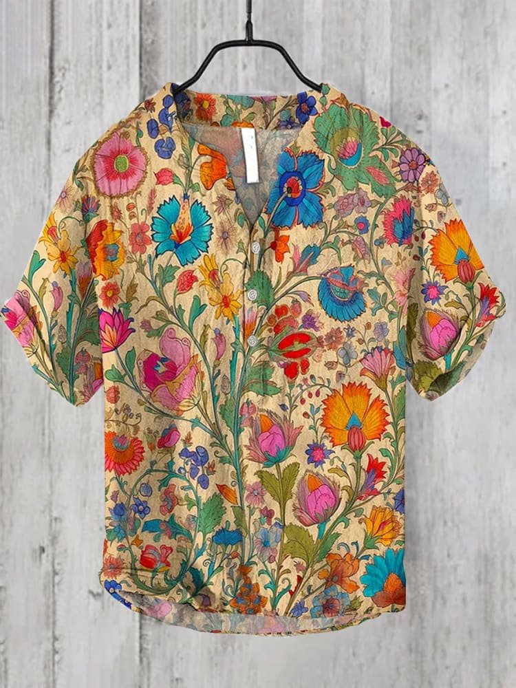 Men's Indian Folk Floral Print Half Button Linen Blend Shirt