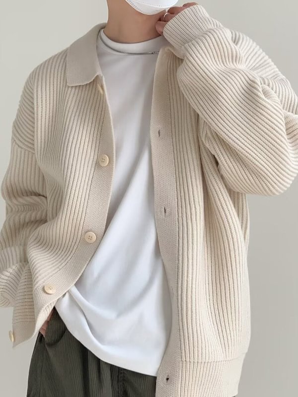Men's Turndown Collar Solid Color Loose Long Sleeve Knitted Sweater Jacket