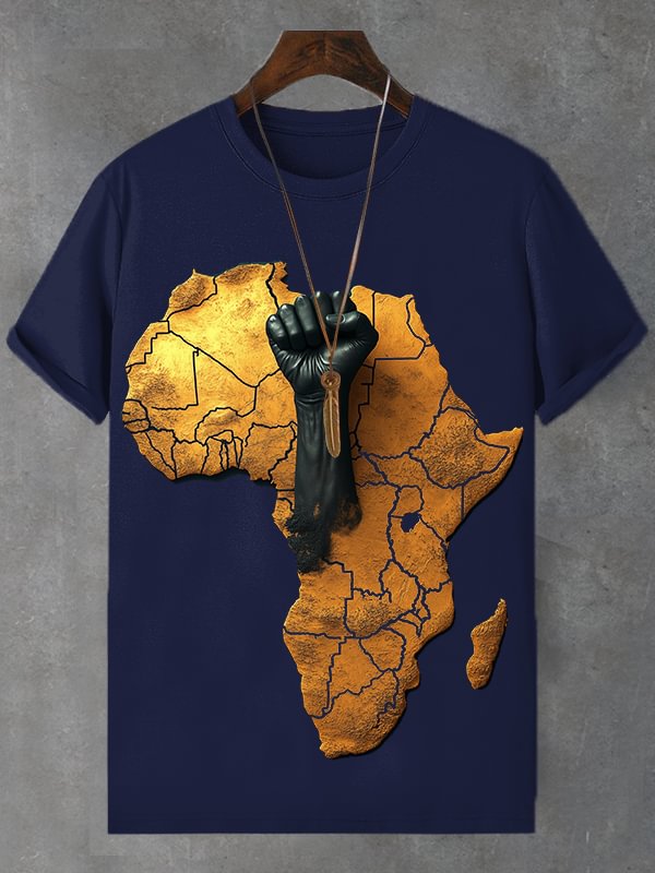 Men's African Map Black Fist Three-Dimensional Print Cotton Casual T-Shirt