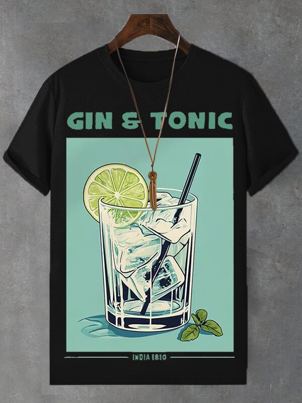 Men's Gin And Tonic Illustration Print Cotton Casual T-Shirt