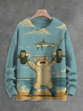 Men's Cat Weight Lifting Ocean Shark Print Knit Sweatshirt