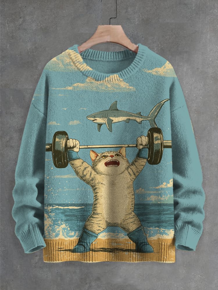 Men's Cat Weight Lifting Ocean Shark Print Knit Sweatshirt