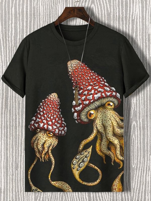 Men's Retro Fantasy Octopus Mushroom Art Print T-Shirt