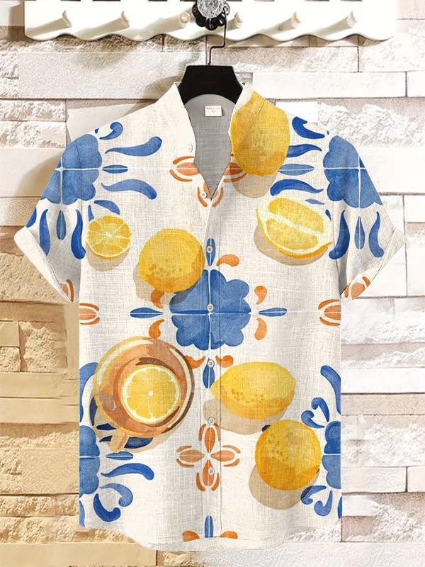 Men's Italian Pattern Lemon Watercolor Art Print Linen Blend Shirt