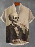 Men's Vintage Skull Gentleman Drinking Art Print Linen Blend Shirt