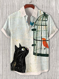 Men's Black Cat Looking At The Birdcage Art Print Short Sleeve Shirt