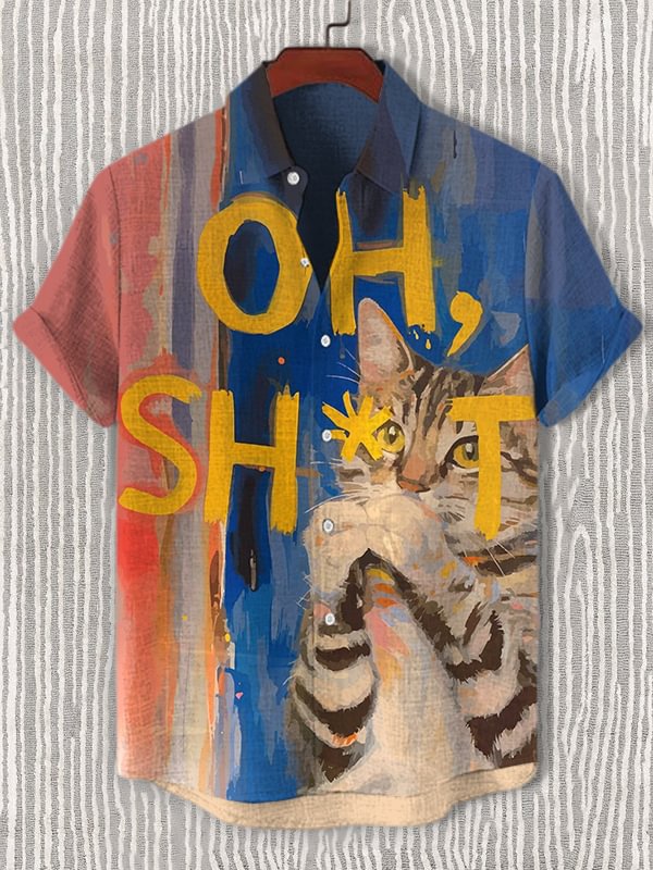 Men's Oh Shit Funny Cat Graffiti Art Print Casual Shirt
