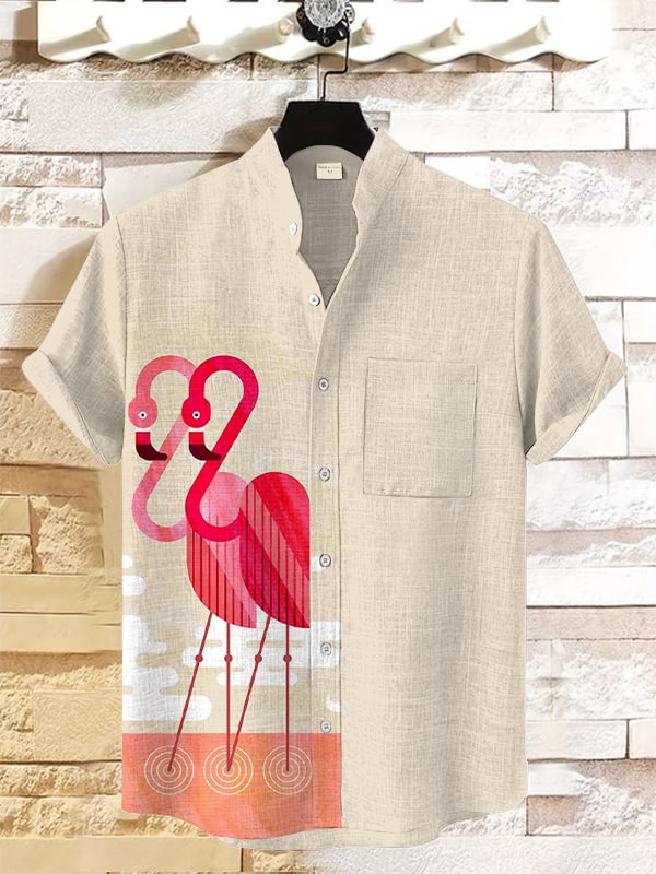 Men's Flamingo Geometric Art Print Linen Blend Shirt