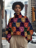 Women's Cheetah Pattern Colorblock Print High Neck Knit Sweatshirt