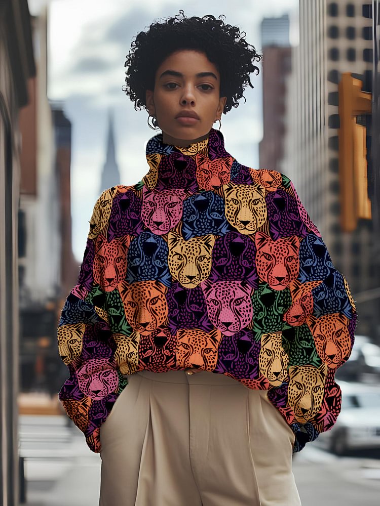 Women's Cheetah Pattern Colorblock Print High Neck Knit Sweatshirt