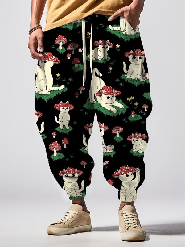 Men's Mushroom Cat Print Loose Drawstring Waist Sweatpants