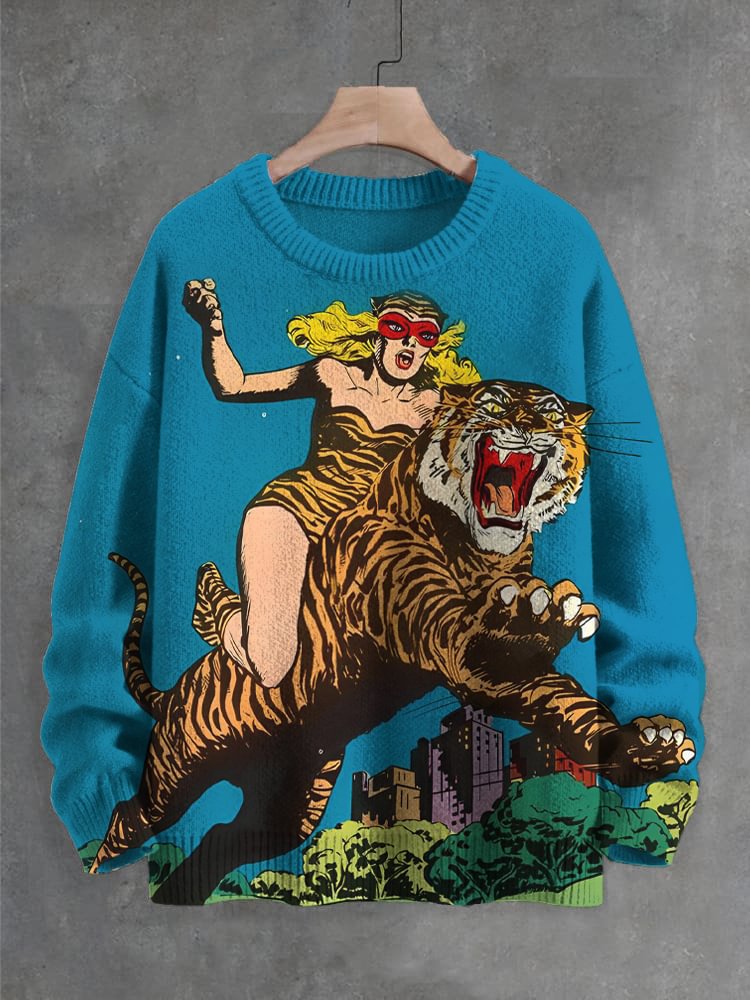 Men's Blonde Girl And Tiger Art Print Knit Sweatshirt