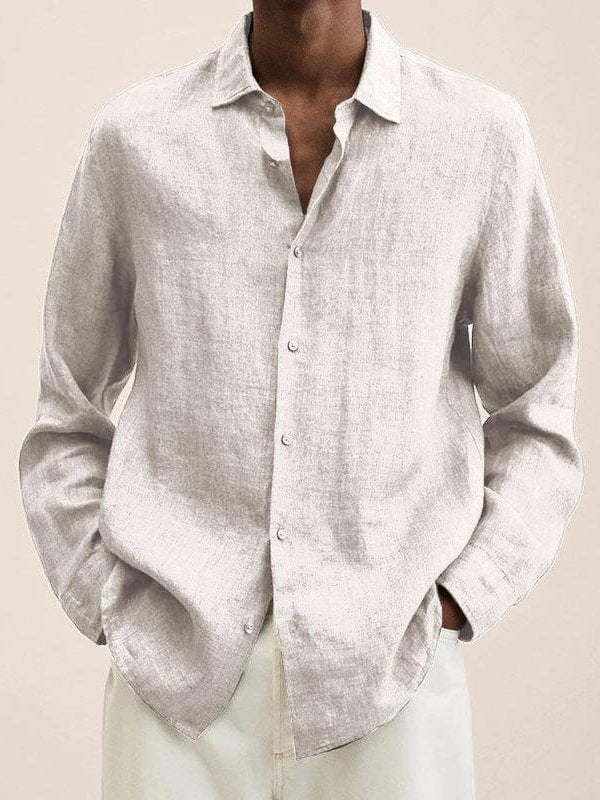 Men's Solid Turndown Collar Cotton And Linen Loose Shirt