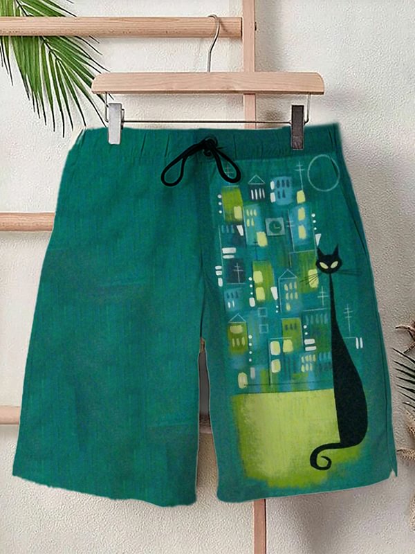 Men's Mid Century Atomic Black Cat Art Print Shorts