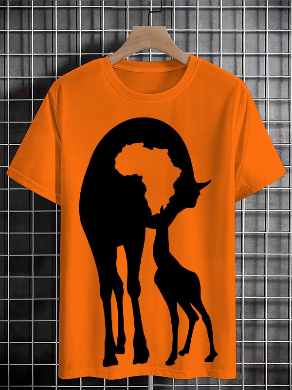 Men's Retro Cute Giraffe Africa Map Silhouette Print Cotton Casual T-Shirt