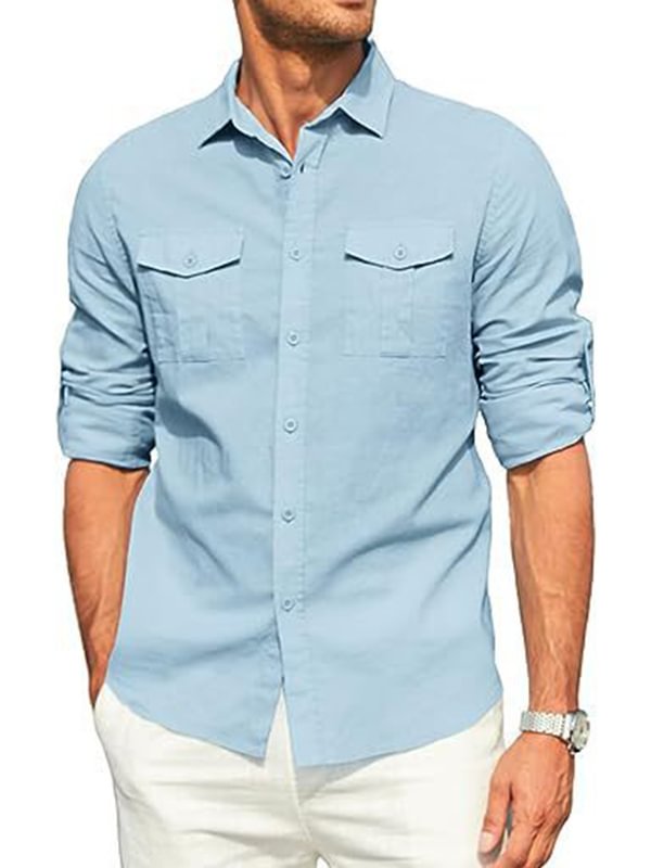 Men's Casual Chest Pockets Single Breasted Long Sleeve Shirt