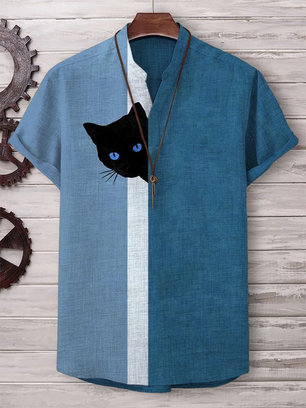 Men's Fun Hide And Seek Black Cat Print V Neck T-Shirt