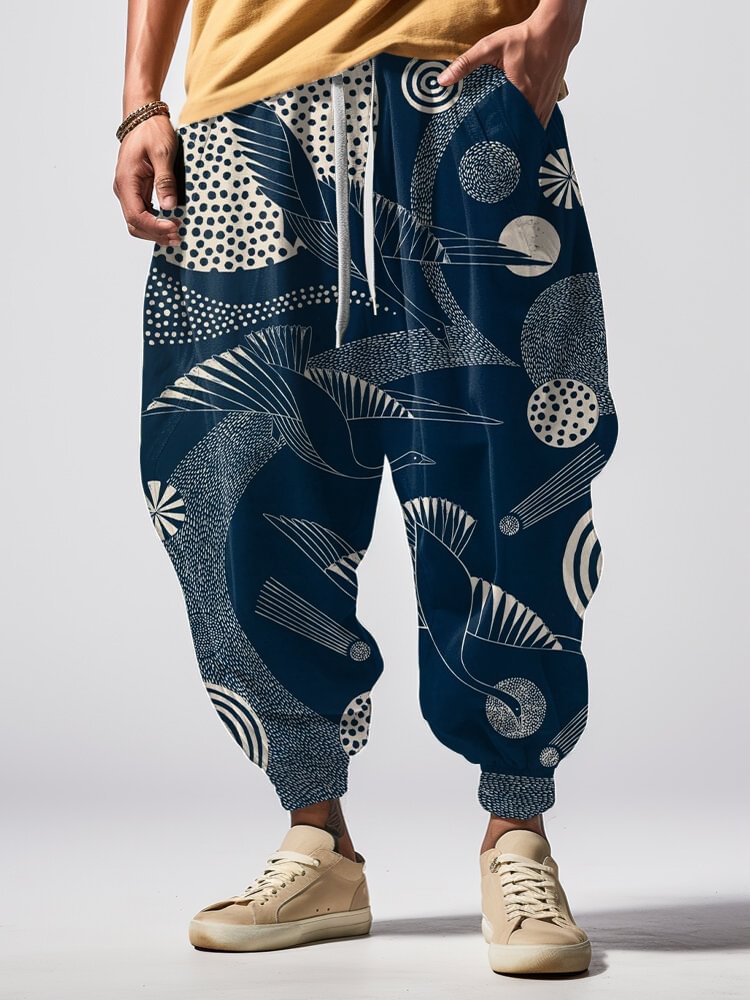Men's Geometric Art Crane Print Loose Drawstring Waist Sweatpants