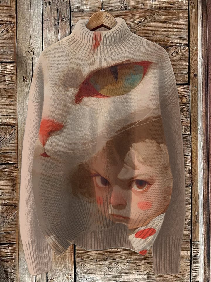 Women's Little Girl And Cat Print High Neck Knit Sweatshirt