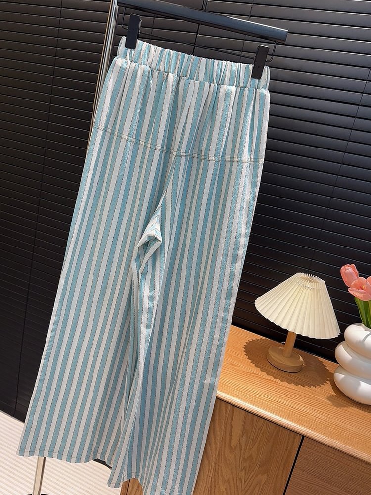 Women's Striped Pattern Buttons Decor High Waist Straight Leg Pants
