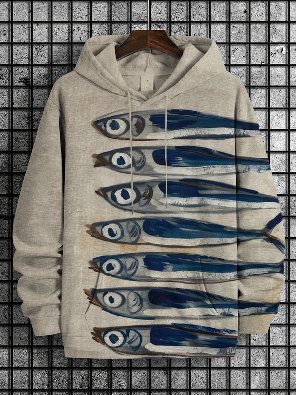 Men's Retro Sardines Art Print Casual Hoodie