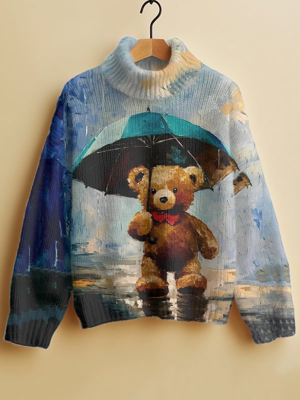 Women's Toy Plush Teddy Bear Rainy Day Oil Painting Print High Neck Knit Sweatshirt
