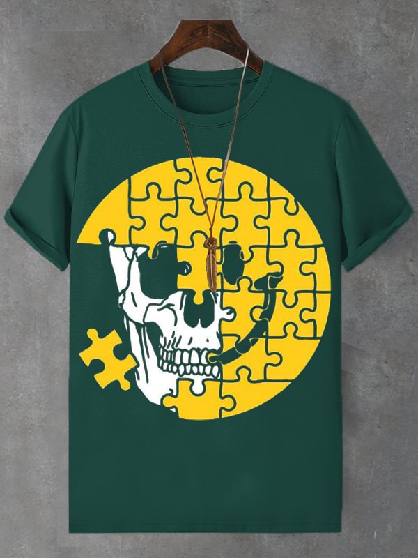 Men's Skull Smiley Face Puzzle Print Cotton Casual T-Shirt
