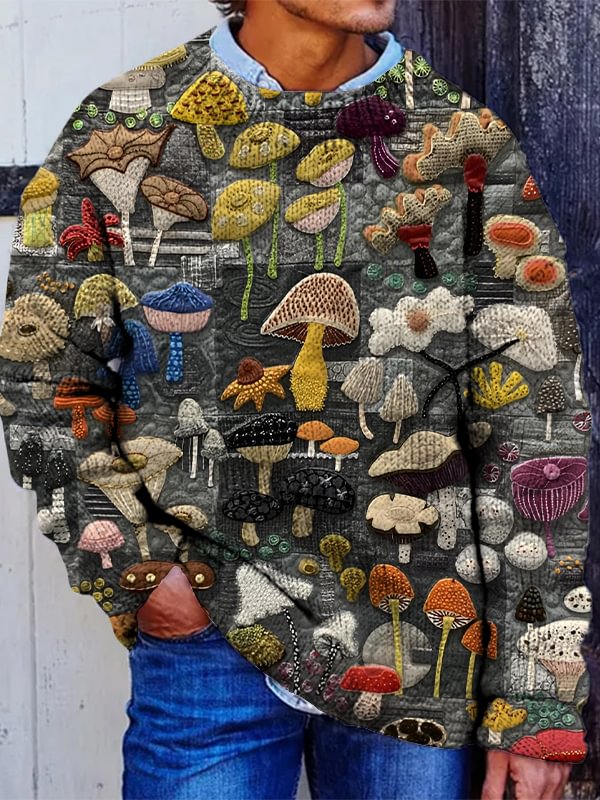 Men's Hippie Mushrooms Felt Embroidery Print Knit Sweatshirt