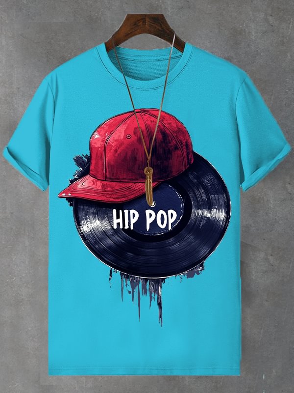 Men's Hip Pop Record Hat Print Cotton Casual T-Shirt