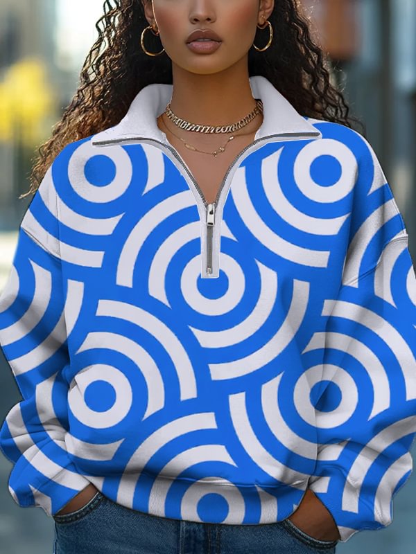 Women's Circular Abstract Geometric Pattern Print Half Zip Sweatshirt
