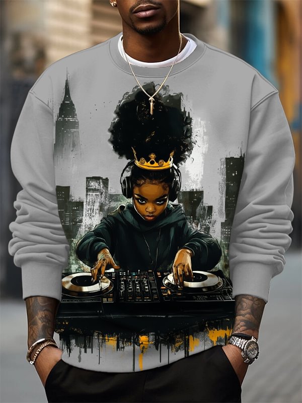 Men's Black Queen DJ Girl Music Lover Art Print Casual Sweatshirt