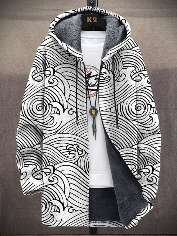 Men's Japanese Art Wave Pattern All Over Print Retro Hooded Trench Coat