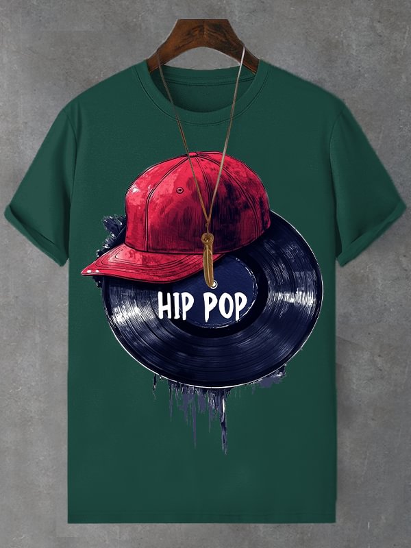 Men's Hip Pop Record Hat Print Cotton Casual T-Shirt