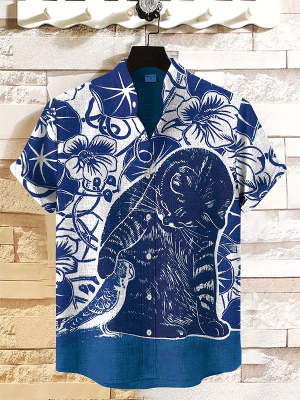 Men's Cat And Bird Floral Pattern Art Print Casual Shirt