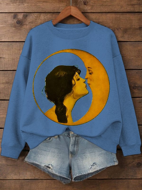 Women's Woman Kissing Moon Art Print Cotton Long Sleeve T-Shirt Thin Sweatshirt