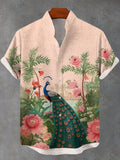 Men's Tropical Flowers Peacock Art Print Linen Blend Shirt