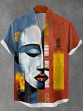 Men's Black Face Abstract Color Contrast Art Linen Blend Shirt