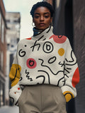 Women's Abstract Lines Retro Color Blocks Print High Neck Knit Sweatshirt