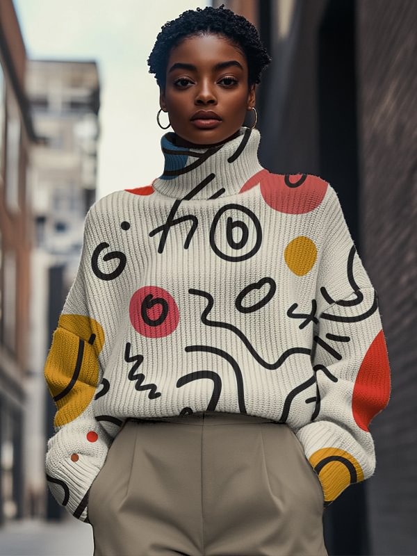 Women's Abstract Lines Retro Color Blocks Print High Neck Knit Sweatshirt