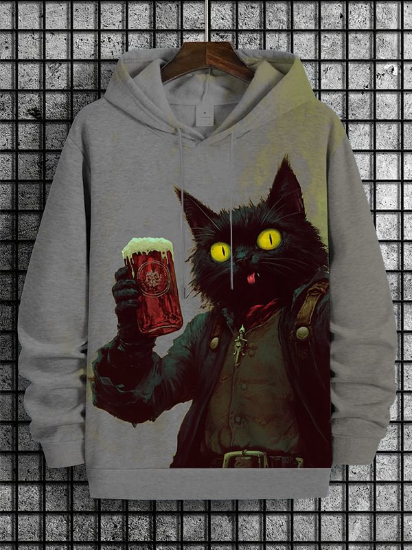 Men's Exploration Cat Cheers Oil Painting Art Print Casual Hoodie