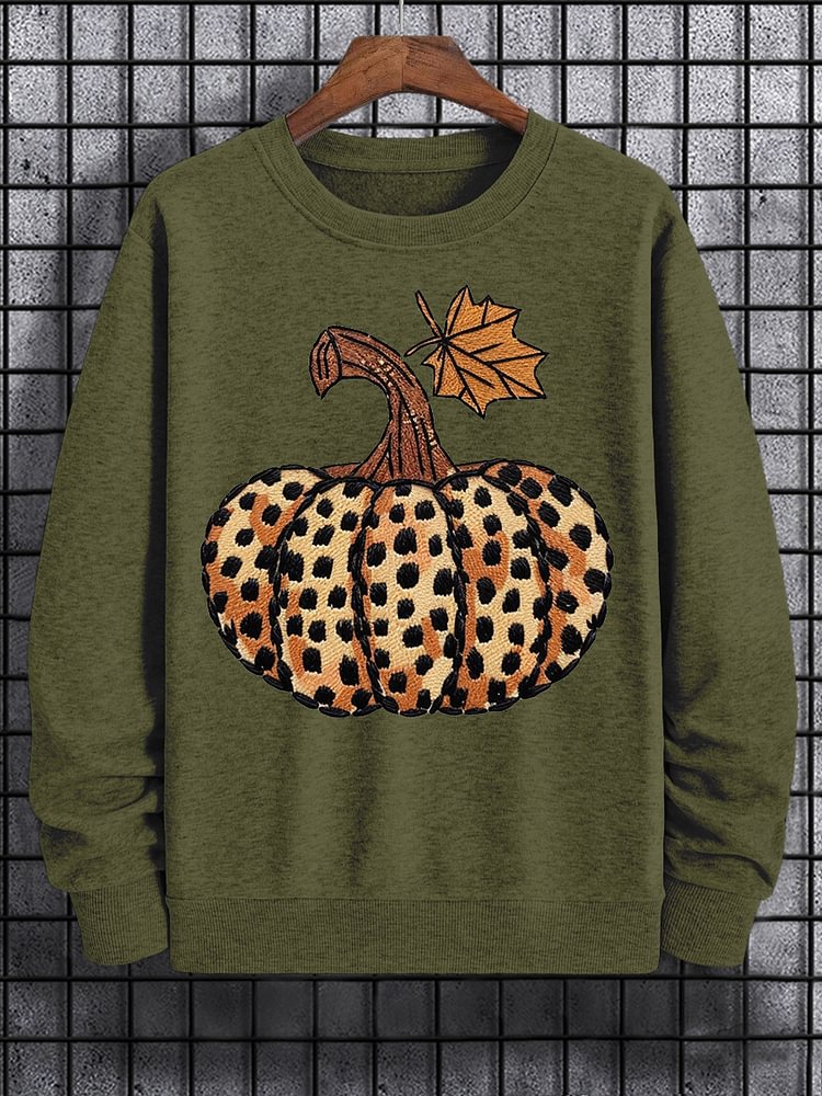 Men's Pumpkin Leopard Embroidery Print Cotton Casual Sweatshirt