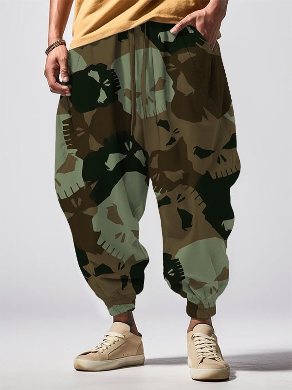 Men's Skull Camouflage Print Loose Drawstring Waist Sweatpants