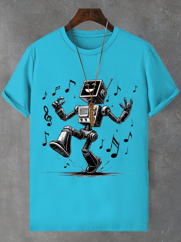 Men's Happy Singing Robot Print Cotton Casual T-Shirt