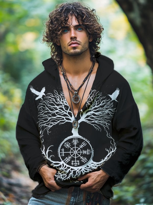 Men's Retro Mysterious Tribe Totem Graphic Print Hooded Shirt