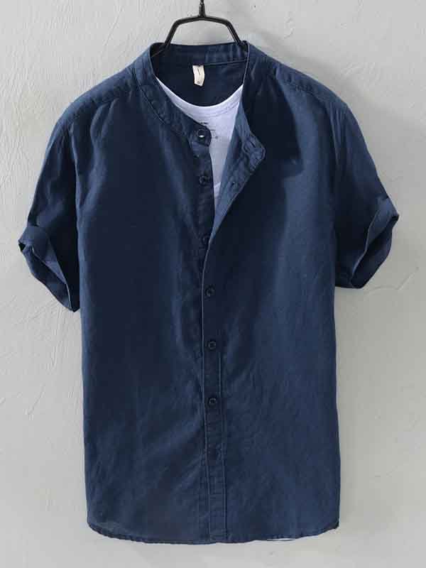 Men's Plain Short Sleeve Retro Cotton And Linen Shirt